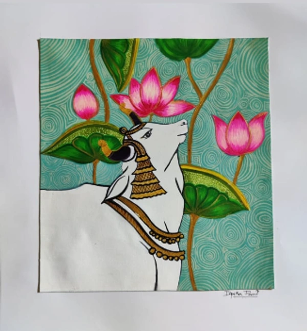 Nandi And Lotus Pichwai Painting - By Dipika Paul